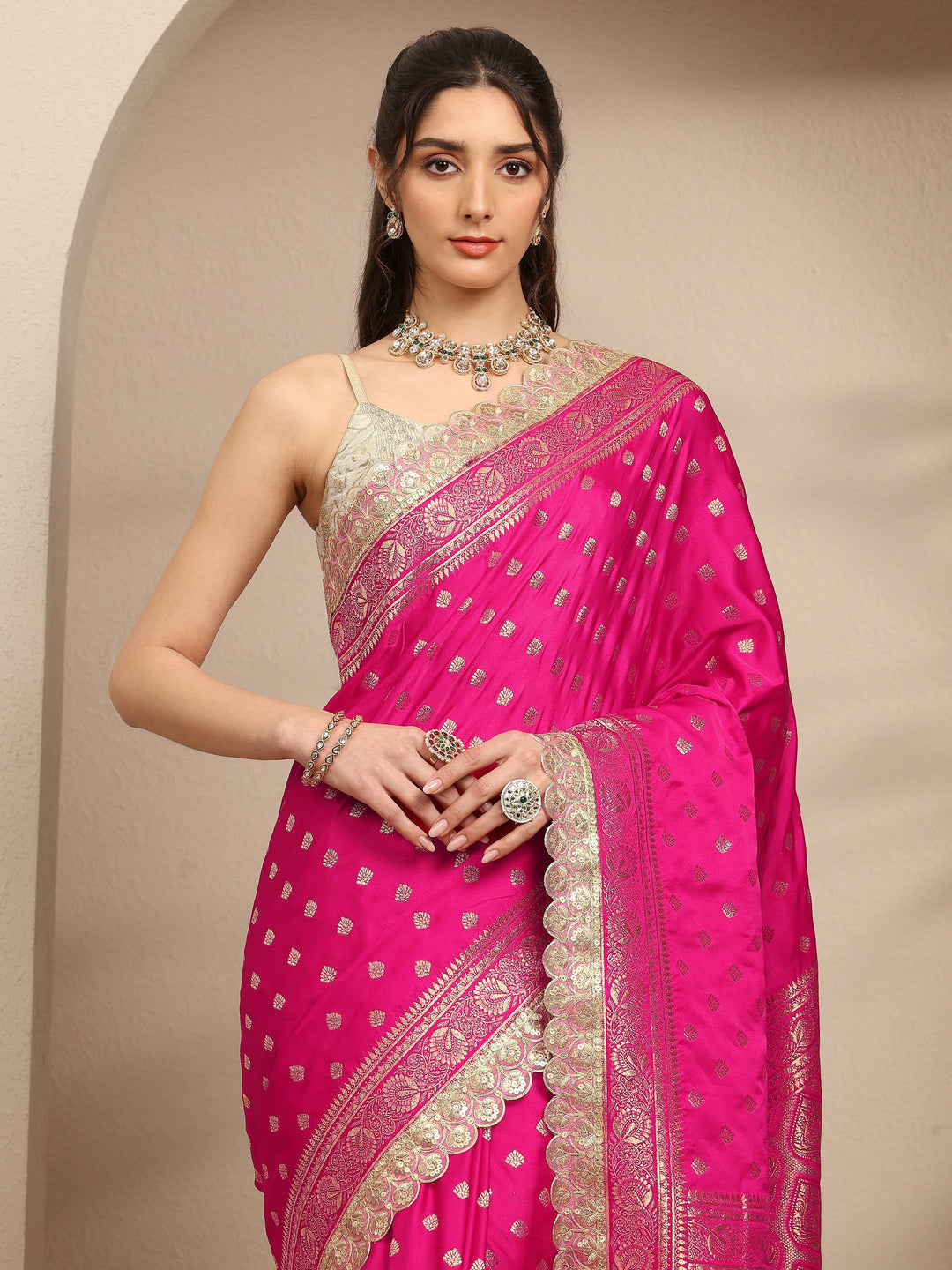  Pink Ethnic Motifs Woven Design Silk Blend Saree With Unstitched Blouse Piece 