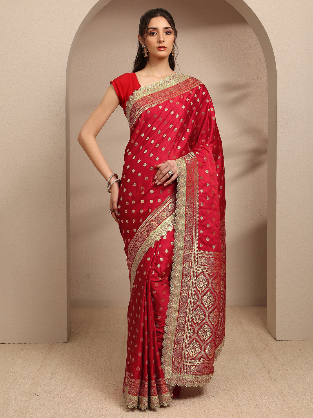  Red Ethnic Motifs Woven Design Silk Blend Saree With Unstitched Blouse Piece 
