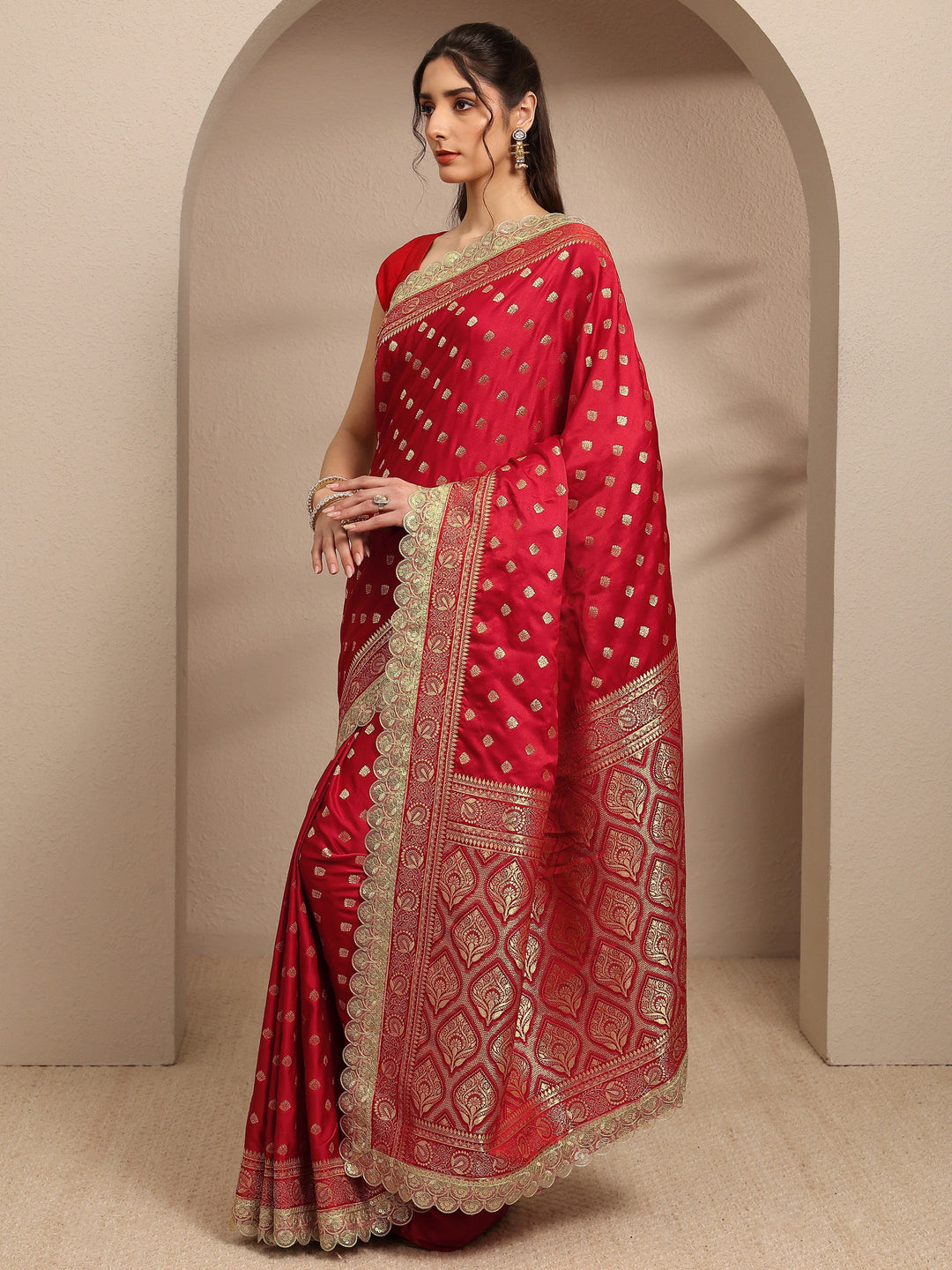  Red Ethnic Motifs Woven Design Silk Blend Saree With Unstitched Blouse Piece 