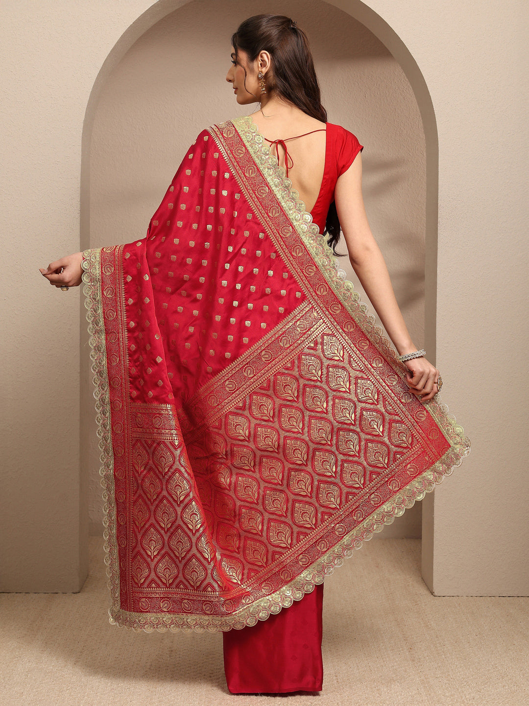  Red Ethnic Motifs Woven Design Silk Blend Saree With Unstitched Blouse Piece 