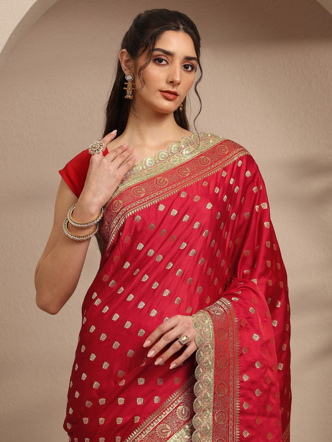  Red Ethnic Motifs Woven Design Silk Blend Saree With Unstitched Blouse Piece 