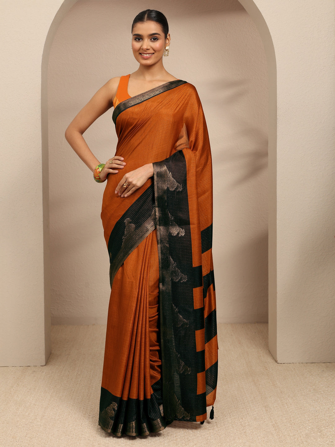  Rust Solid Silk Blend Saree With Unstitched Blouse Piece 