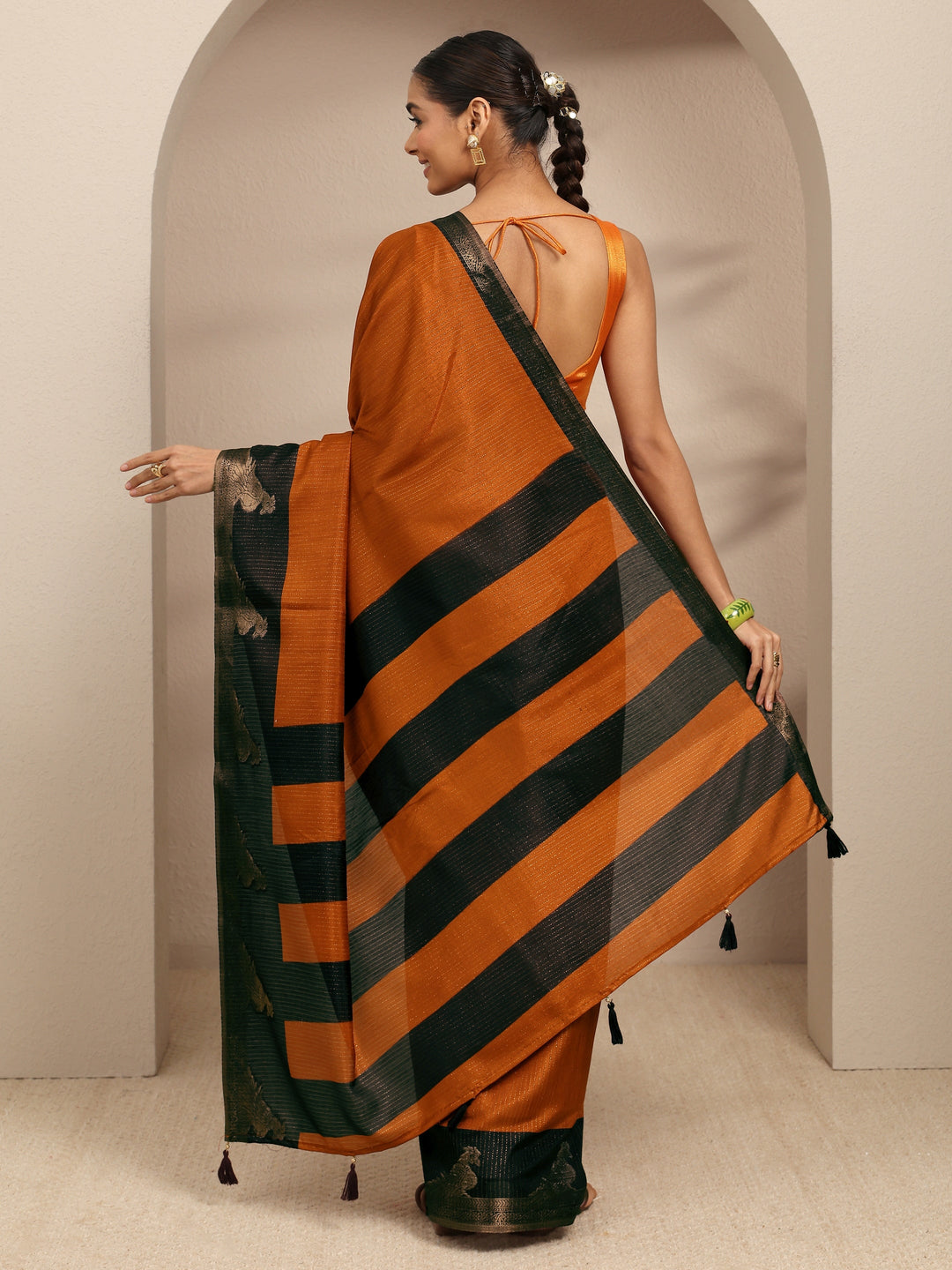  Rust Solid Silk Blend Saree With Unstitched Blouse Piece 