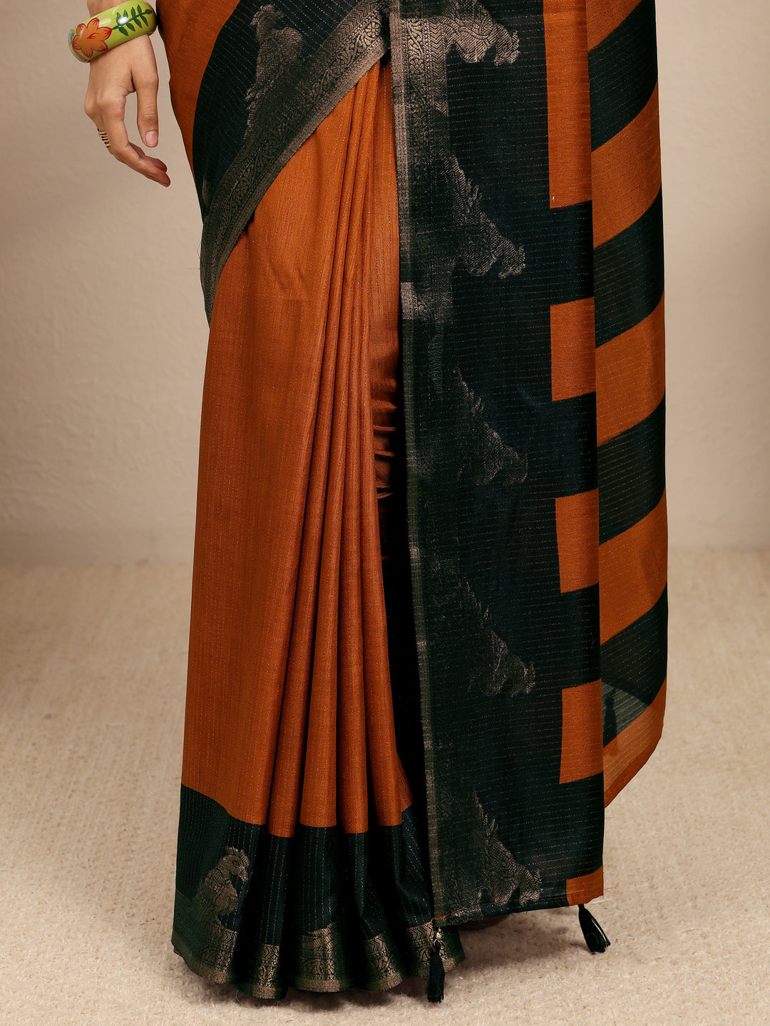  Rust Solid Silk Blend Saree With Unstitched Blouse Piece 