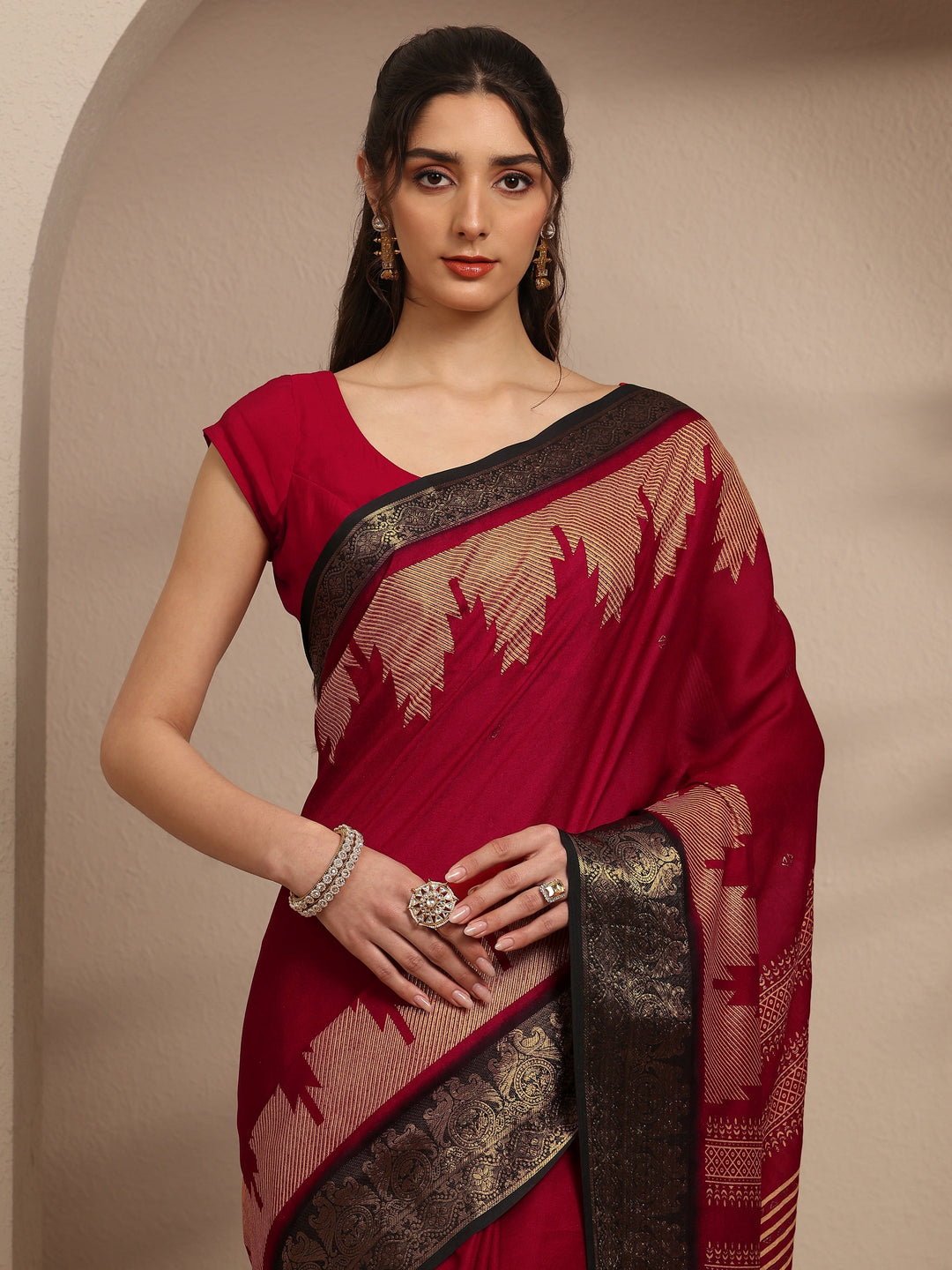  Red Ethnic Motifs Woven Design Silk Blend Saree With Unstitched Blouse Piece 