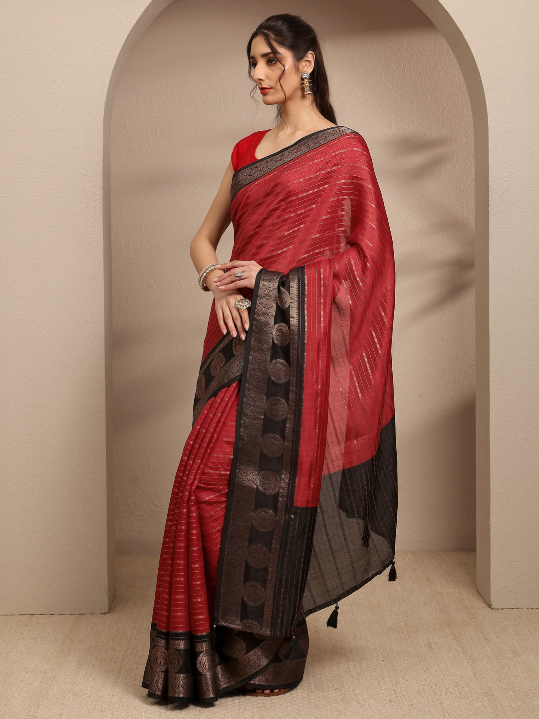  Red Ethnic Motifs Woven Design Silk Blend Saree With Unstitched Blouse Piece 