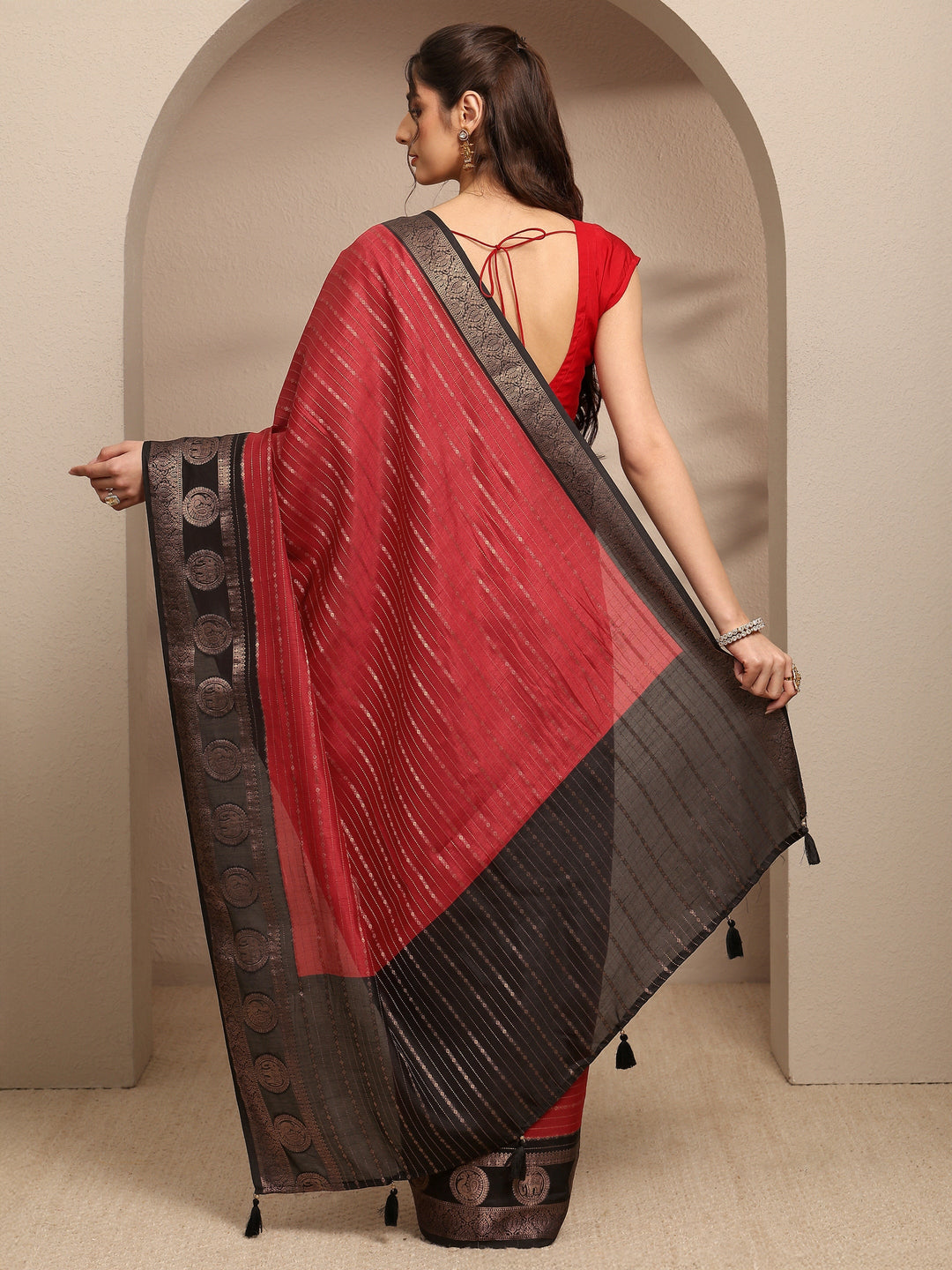  Red Ethnic Motifs Woven Design Silk Blend Saree With Unstitched Blouse Piece 
