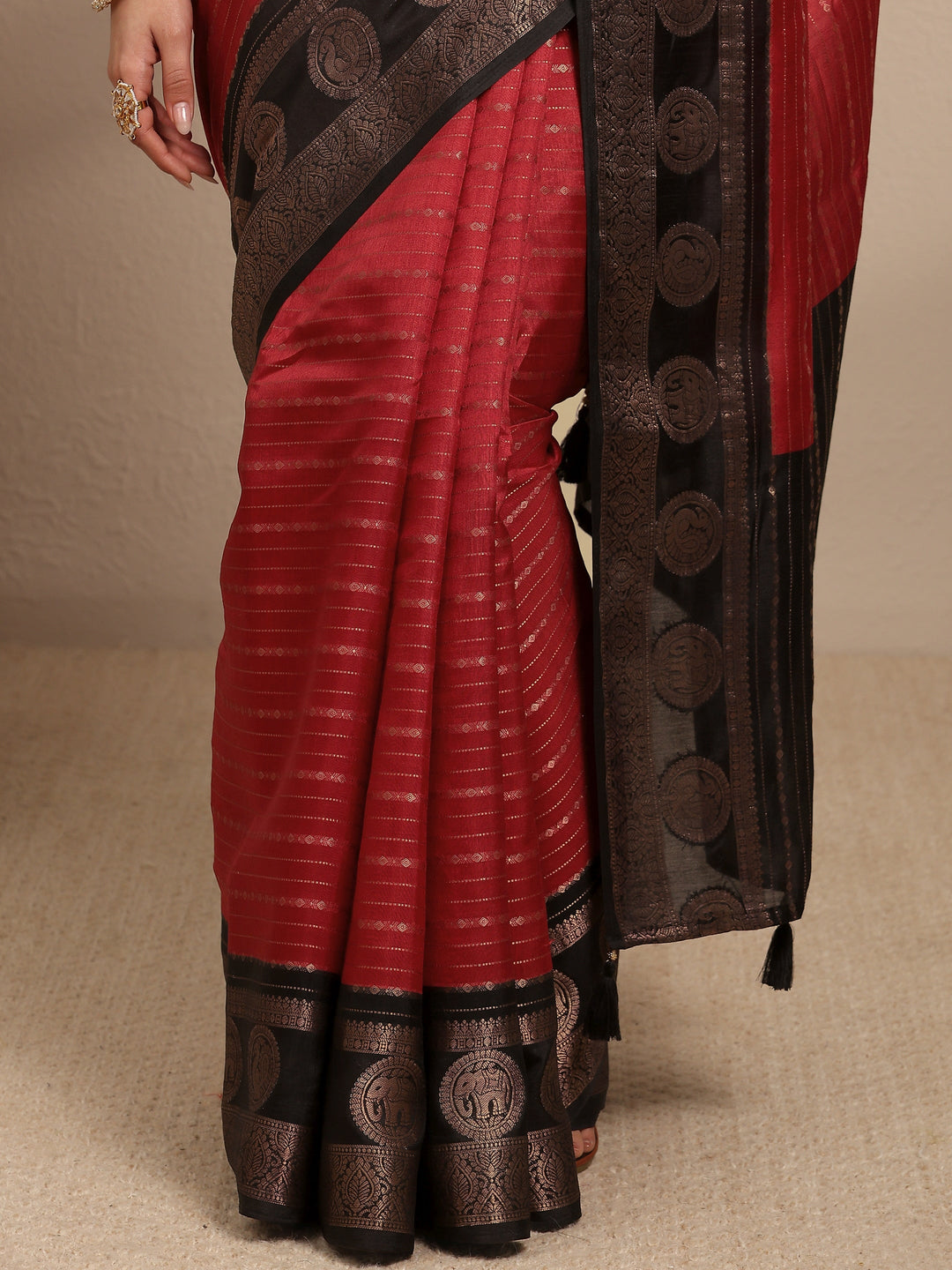  Red Ethnic Motifs Woven Design Silk Blend Saree With Unstitched Blouse Piece 