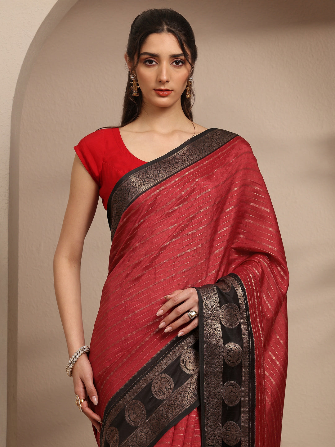  Red Ethnic Motifs Woven Design Silk Blend Saree With Unstitched Blouse Piece 