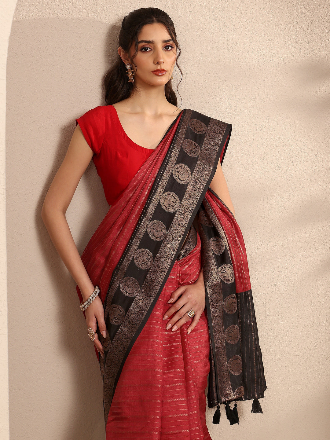  Red Ethnic Motifs Woven Design Silk Blend Saree With Unstitched Blouse Piece 