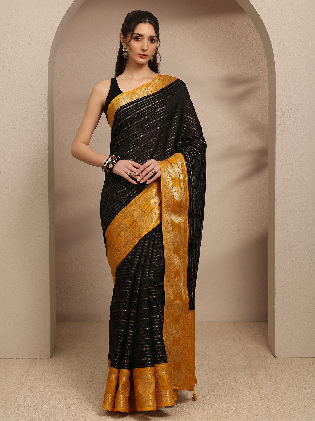  Black Ethnic Motifs Woven Design Silk Blend Saree With Unstitched Blouse Piece 