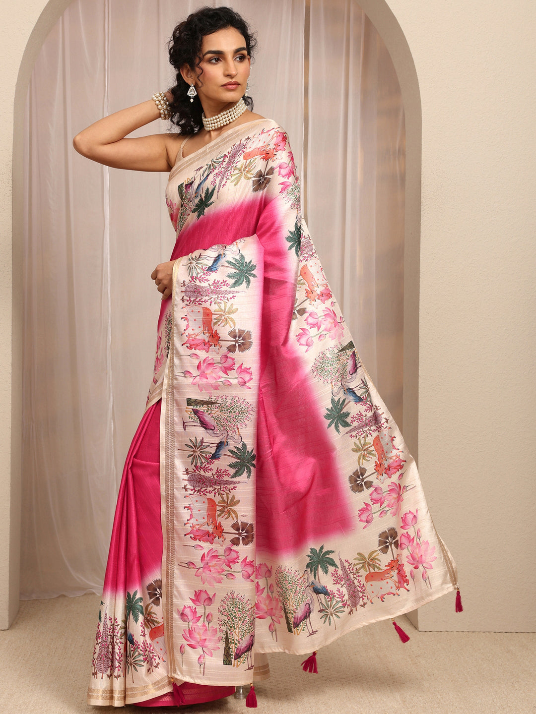  Pink Solid Silk Blend Saree With Unstitched Blouse Piece 