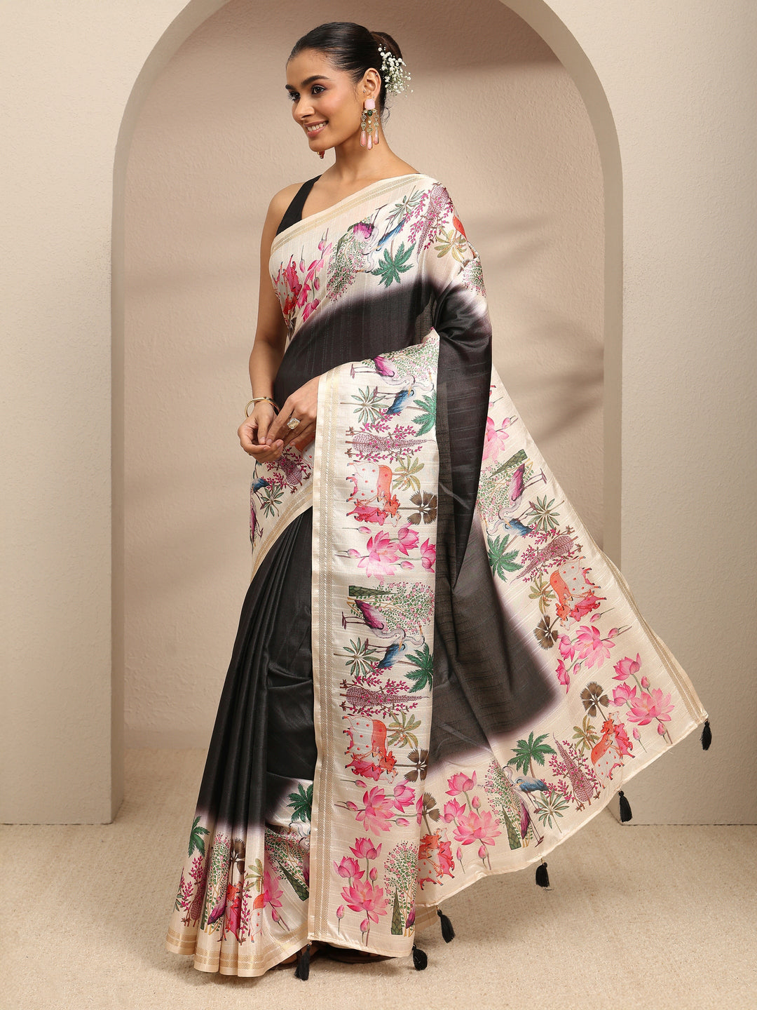  Black Ombre Solid Silk Blend Saree With Unstitched Blouse Piece 