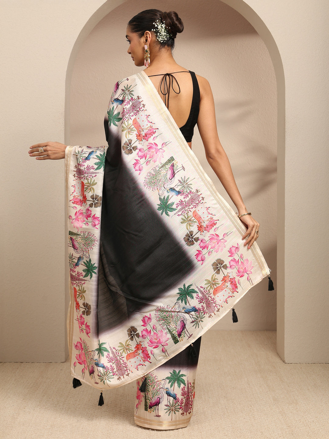  Black Ombre Solid Silk Blend Saree With Unstitched Blouse Piece 