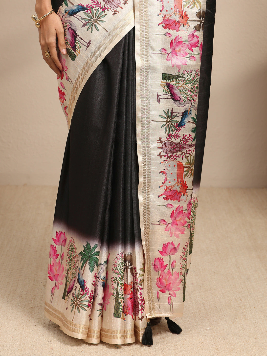  Black Ombre Solid Silk Blend Saree With Unstitched Blouse Piece 