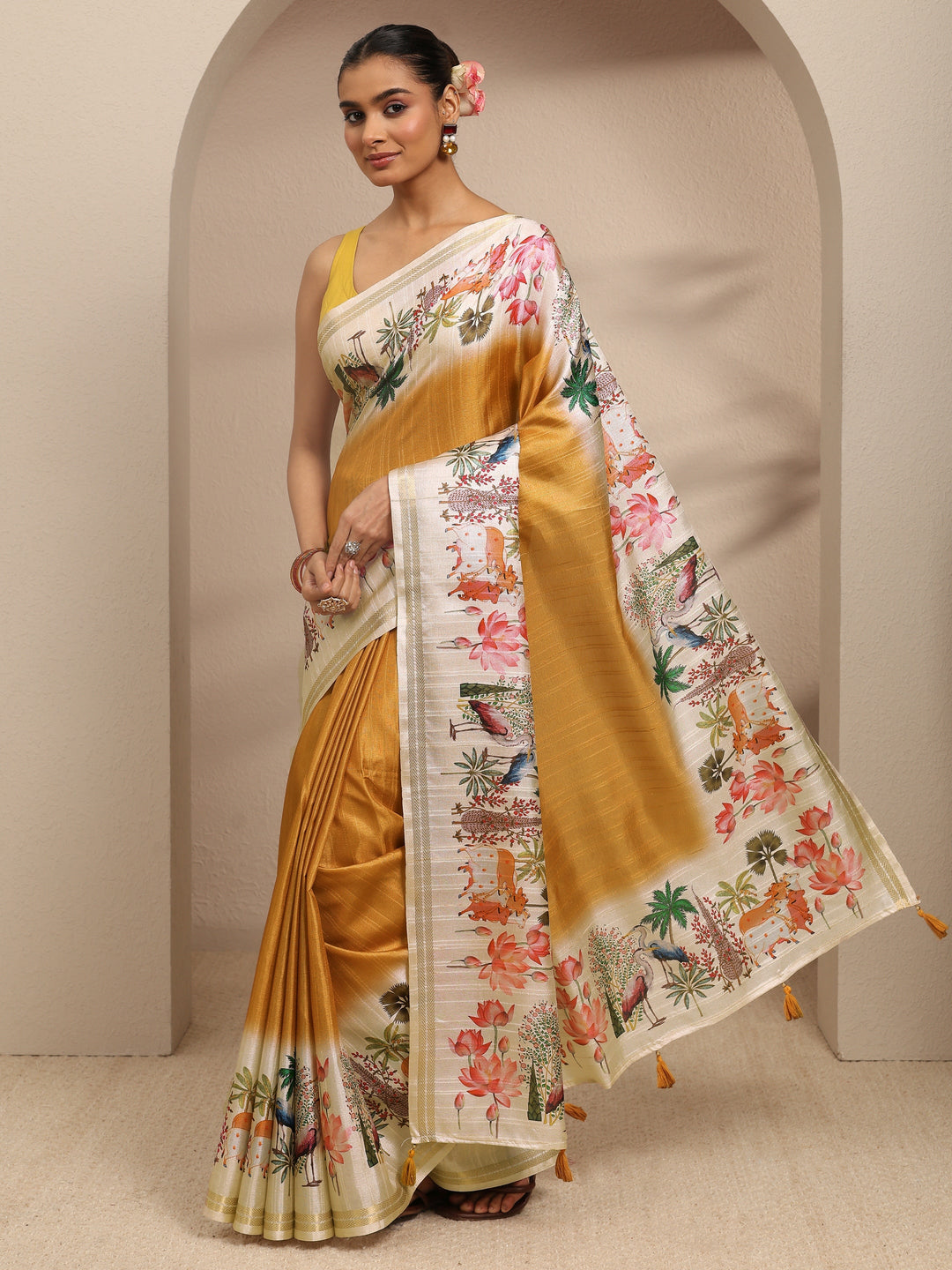  Mustard Ombre Solid Silk Blend Saree With Unstitched Blouse Piece 