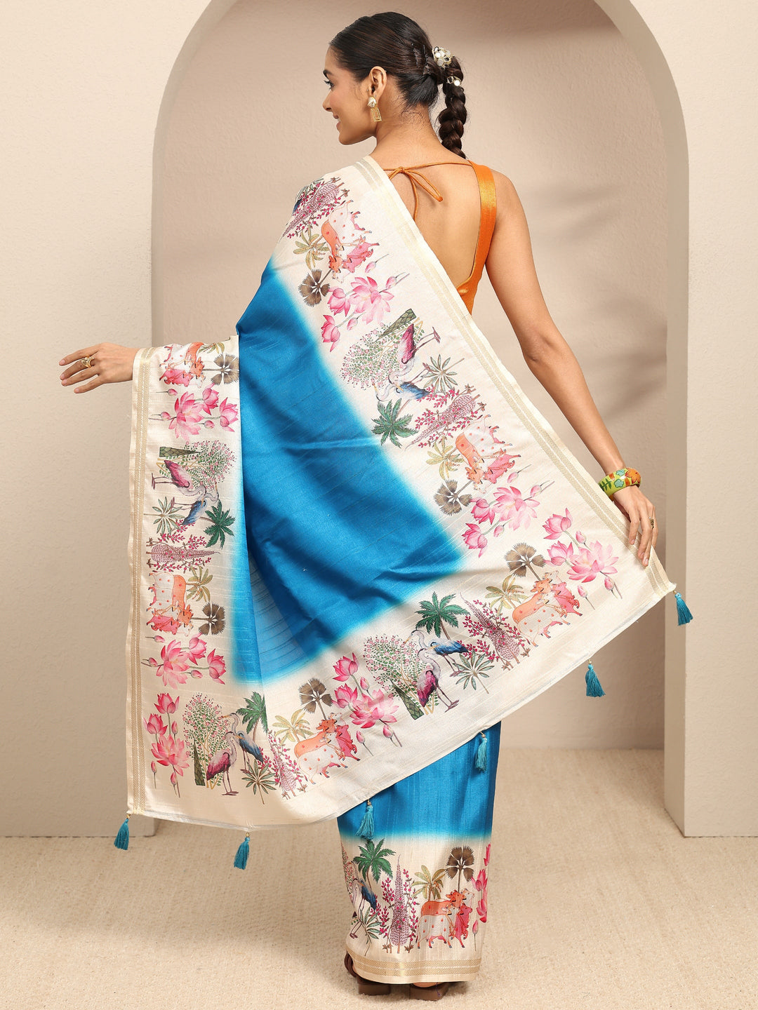  Blue Ombre Solid Silk Blend Saree With Unstitched Blouse Piece 
