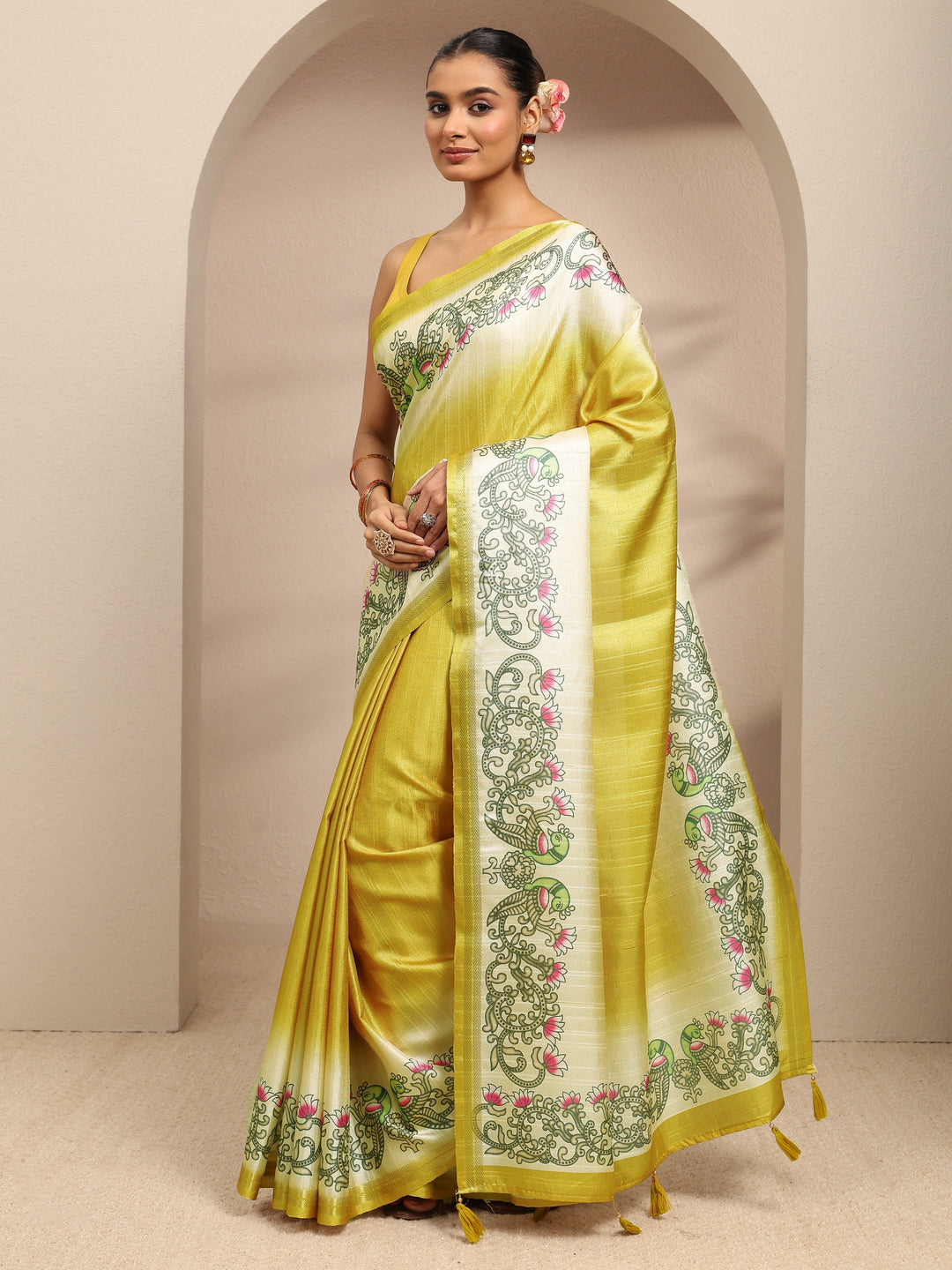  Mustard Ombre Solid Silk Blend Saree With Unstitched Blouse Piece 