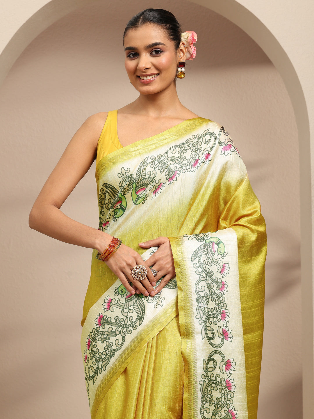  Mustard Ombre Solid Silk Blend Saree With Unstitched Blouse Piece 