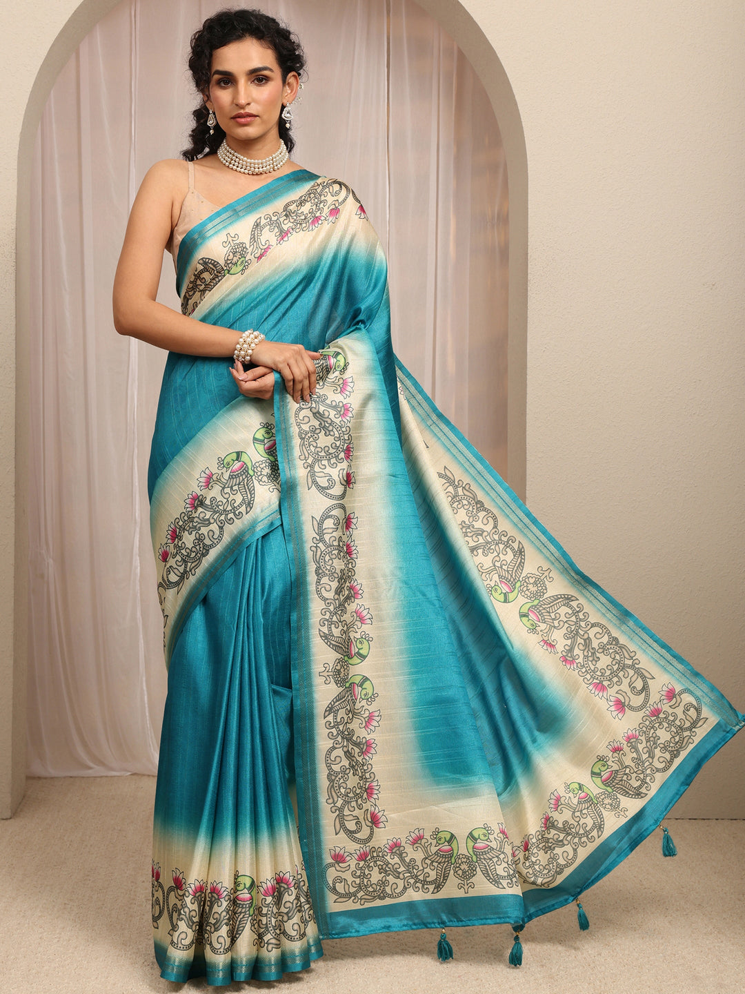 Blue Ombre Silk Blend Saree With Unstitched Blouse Piece 