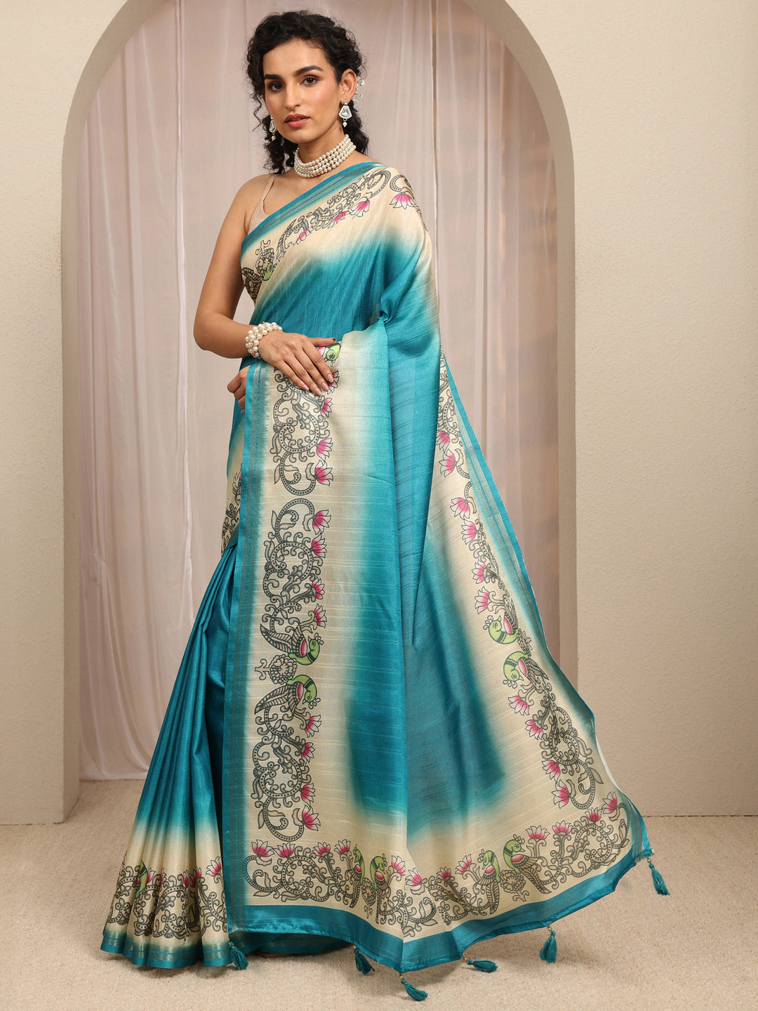  Blue Ombre Silk Blend Saree With Unstitched Blouse Piece 