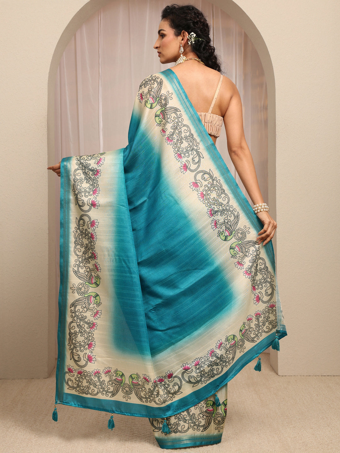  Blue Ombre Silk Blend Saree With Unstitched Blouse Piece 
