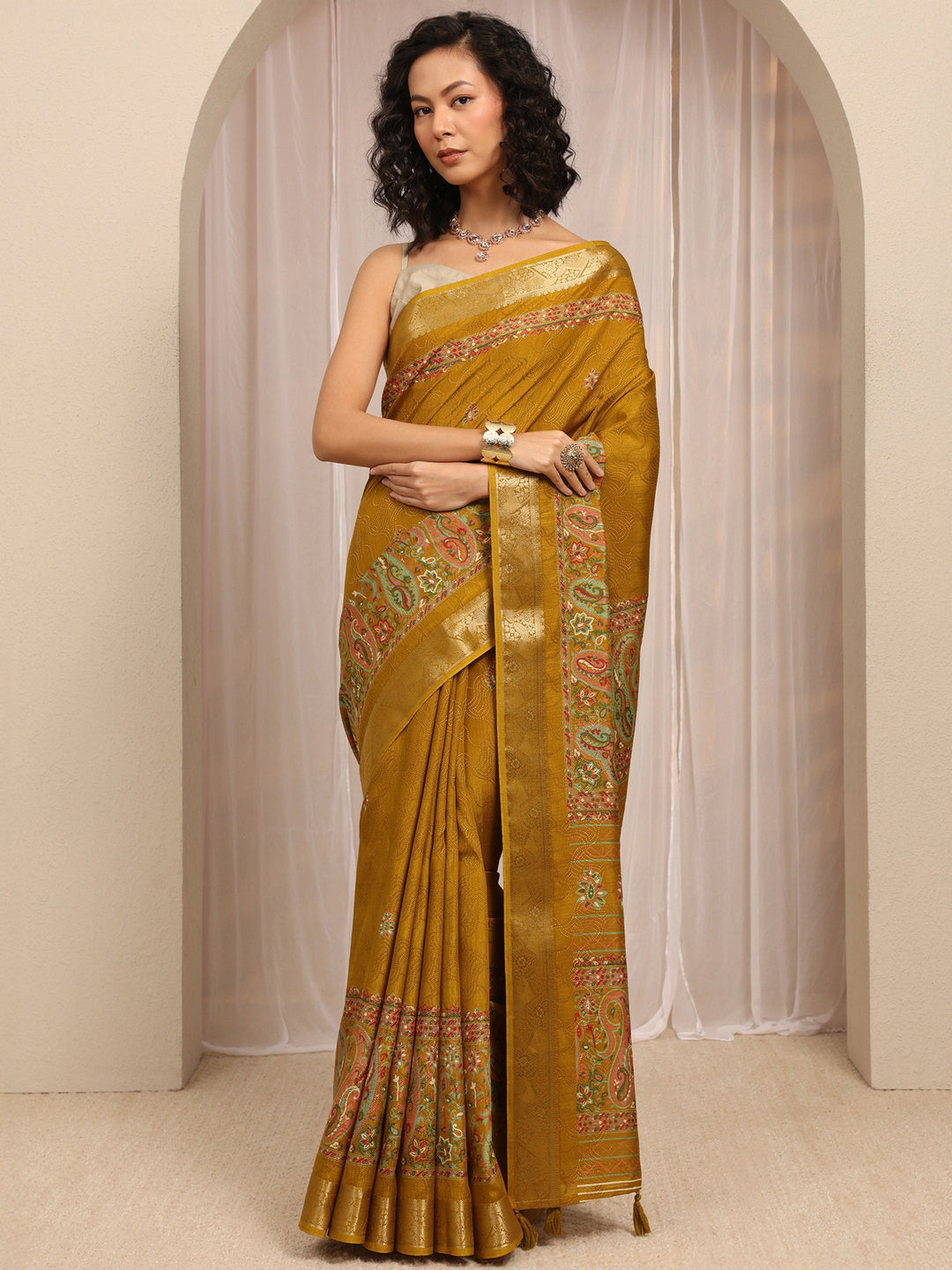  Mustard Paisley Printed Silk Blend Saree With Unstitched Blouse Piece 