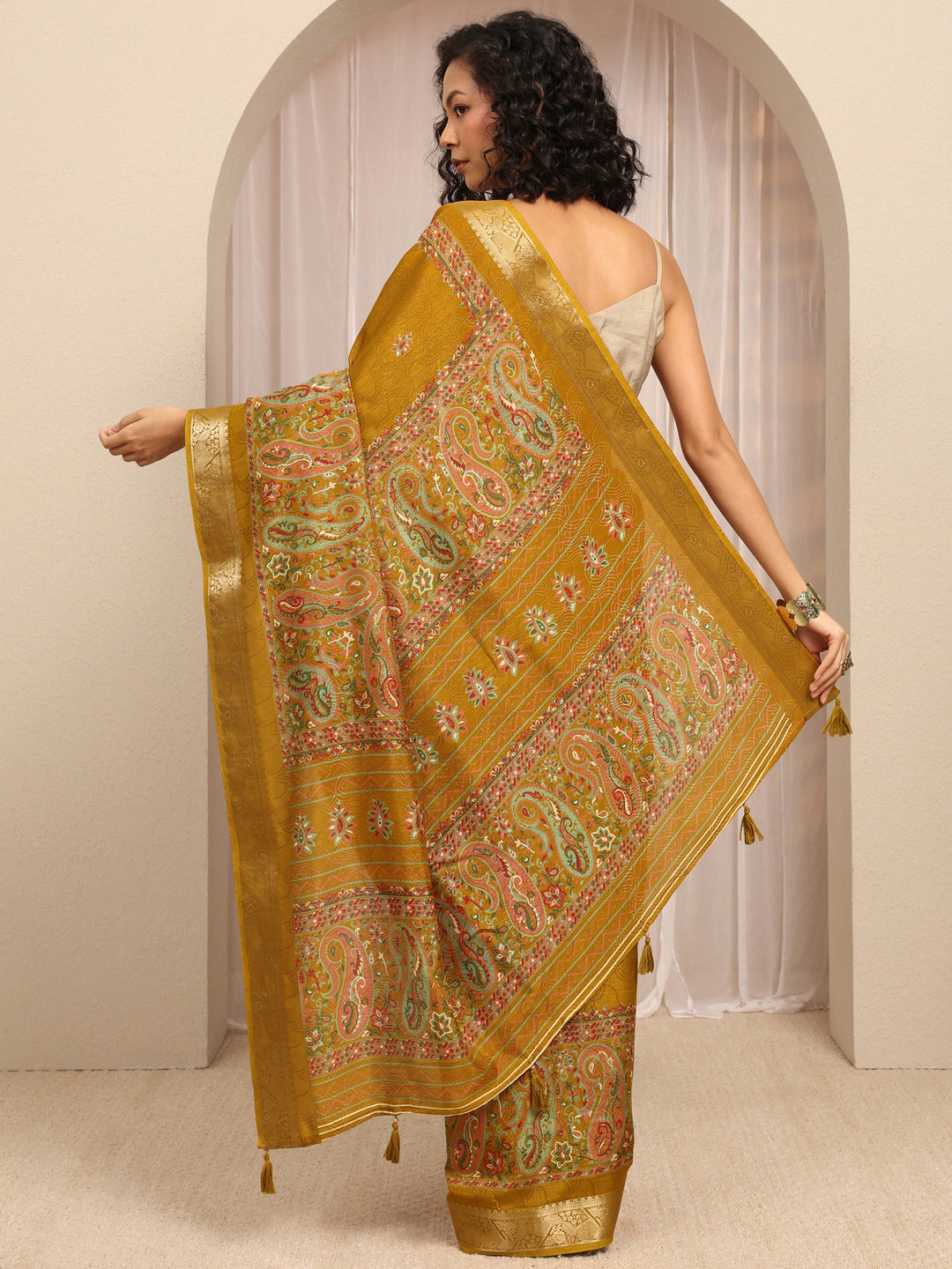  Mustard Paisley Printed Silk Blend Saree With Unstitched Blouse Piece 