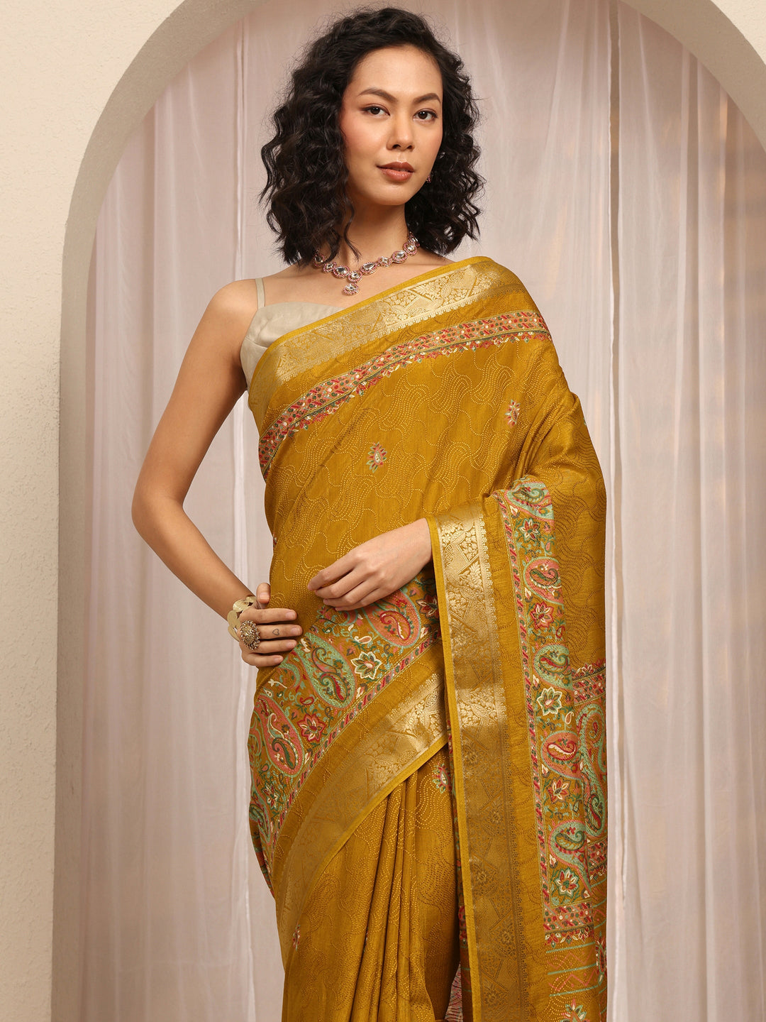  Mustard Paisley Printed Silk Blend Saree With Unstitched Blouse Piece 
