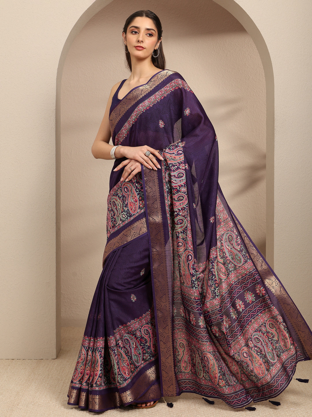  Purple Paisley Printed Silk Blend Saree With Unstitched Blouse Piece 