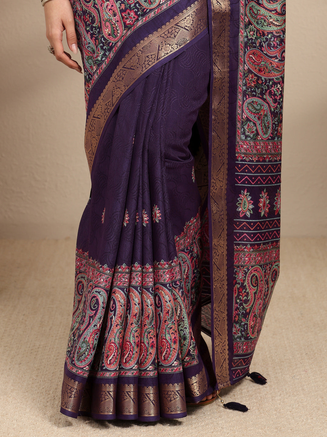 Purple Paisley Printed Silk Blend Saree With Unstitched Blouse Piece 