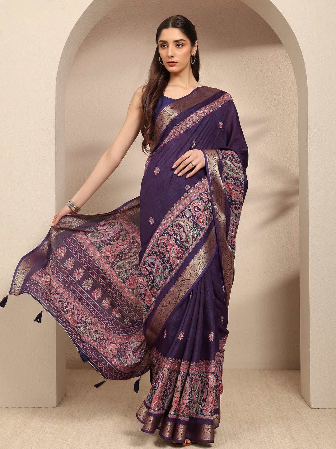  Purple Paisley Printed Silk Blend Saree With Unstitched Blouse Piece 