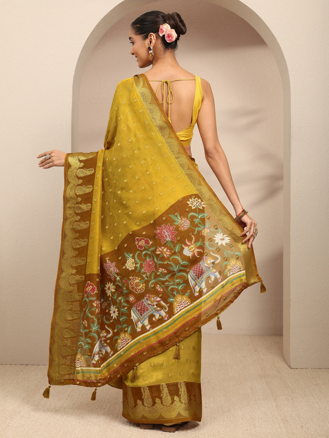  Mustard Ethnic Motifs Printed Silk Blend Saree With Unstitched Blouse Piece 