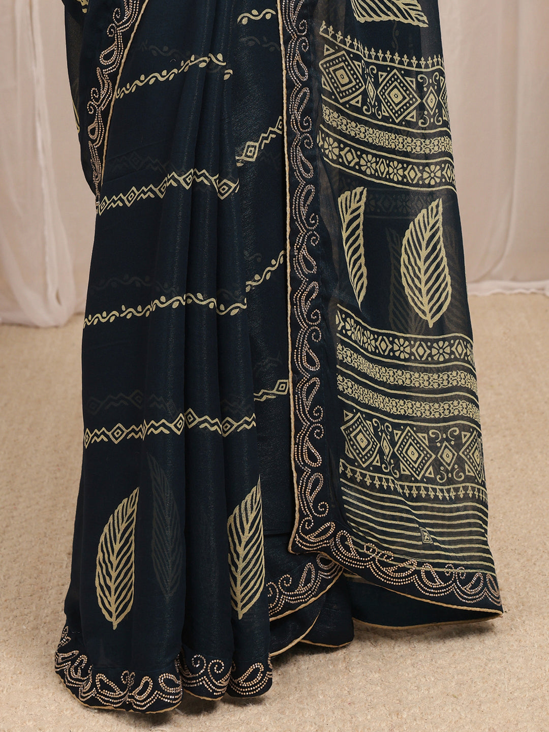  Navy Blue Printed Silk Blend Saree With Unstitched Blouse Piece 