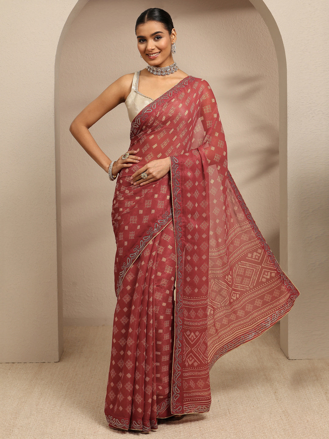  Brown Ethnic Motifs Printed Silk Blend Saree With Unstitched Blouse Piece 