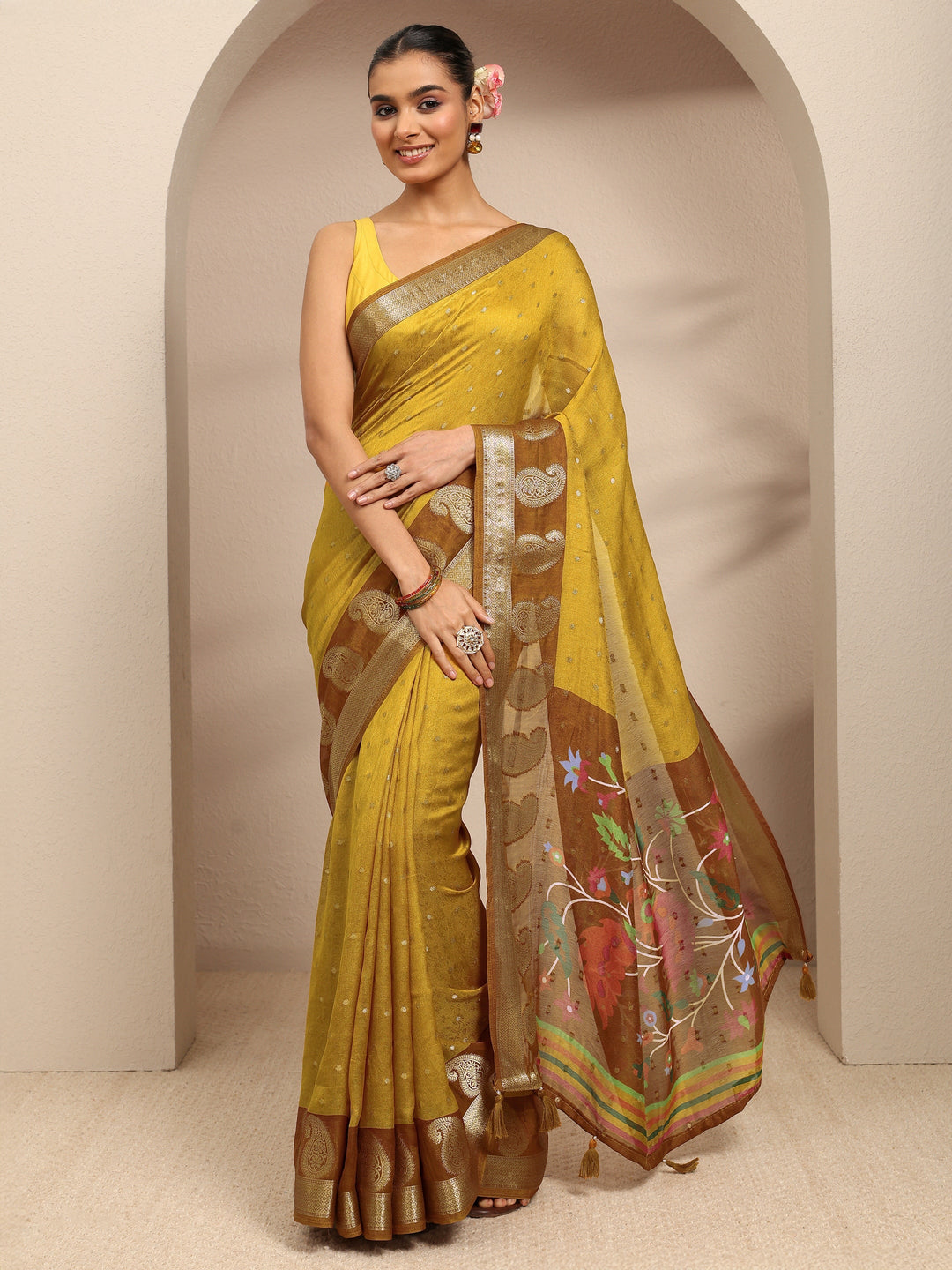  Mustard Paisley Woven Design Silk Blend Saree With Unstitched Blouse Piece 