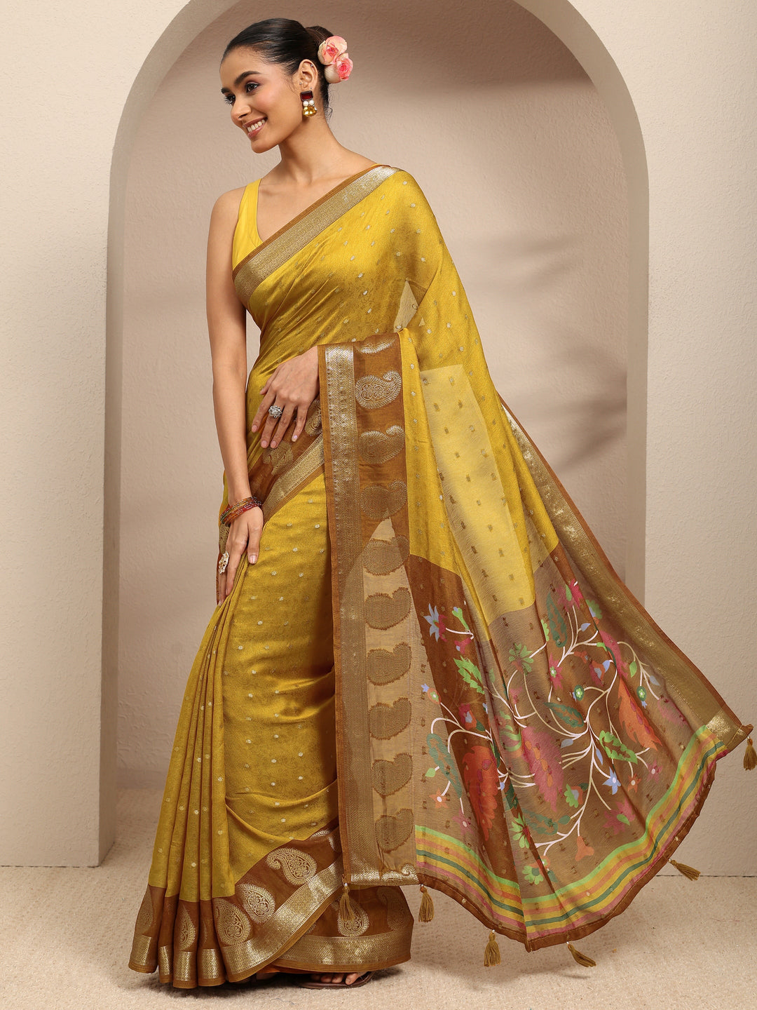  Mustard Paisley Woven Design Silk Blend Saree With Unstitched Blouse Piece 