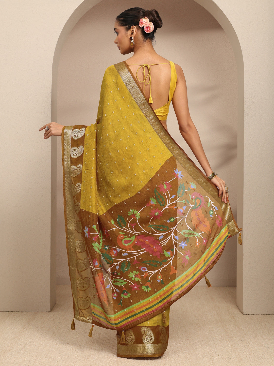  Mustard Paisley Woven Design Silk Blend Saree With Unstitched Blouse Piece 