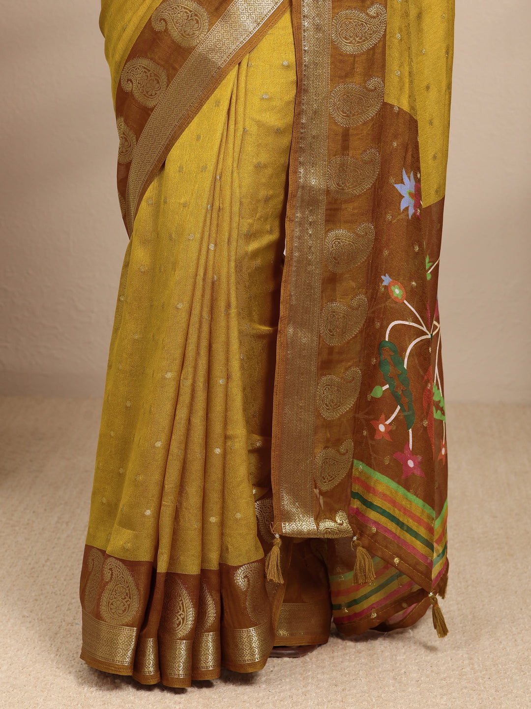  Mustard Paisley Woven Design Silk Blend Saree With Unstitched Blouse Piece 