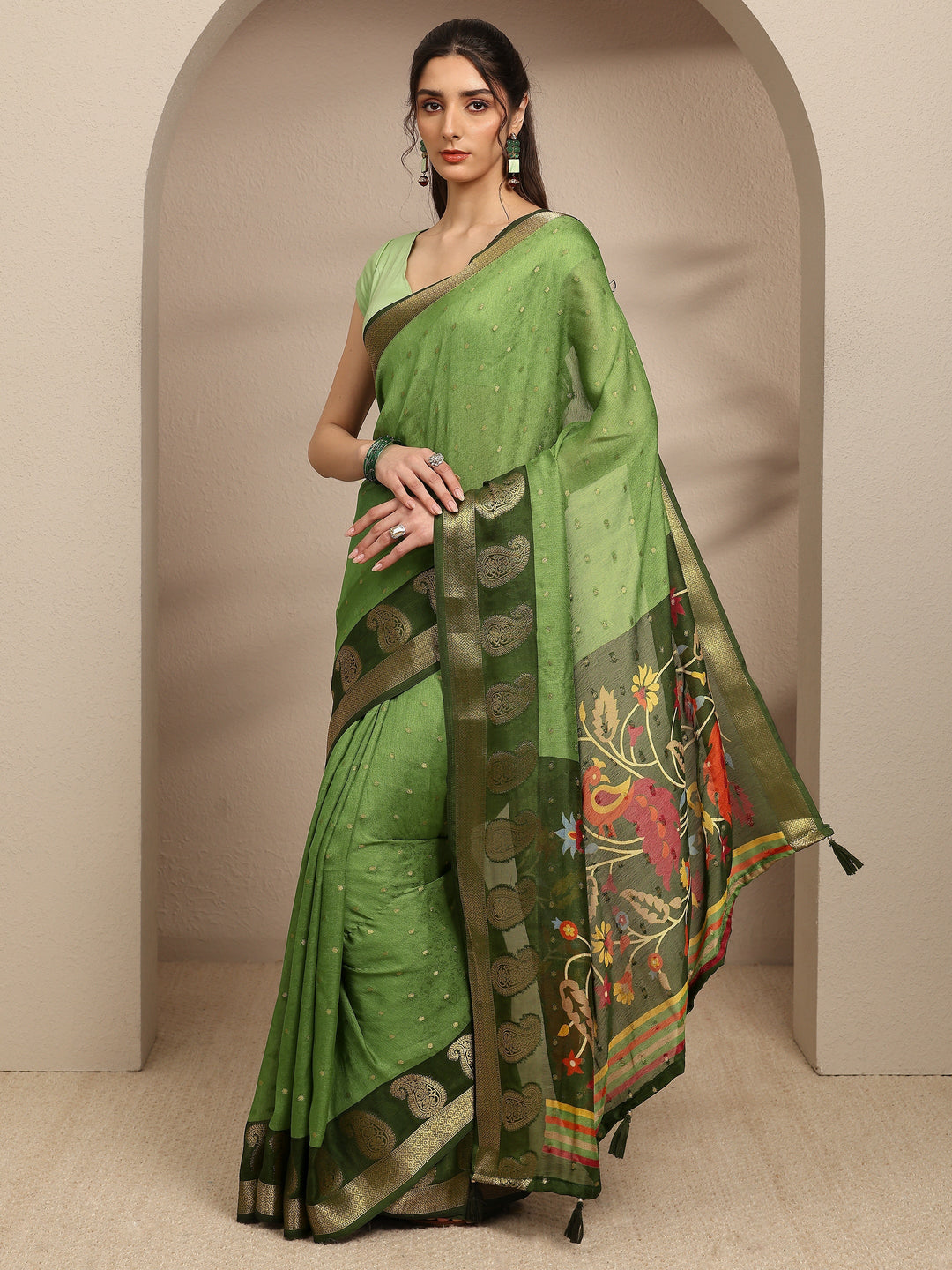  Green Paisley Woven Design Silk Blend Saree With Unstitched Blouse Piece 