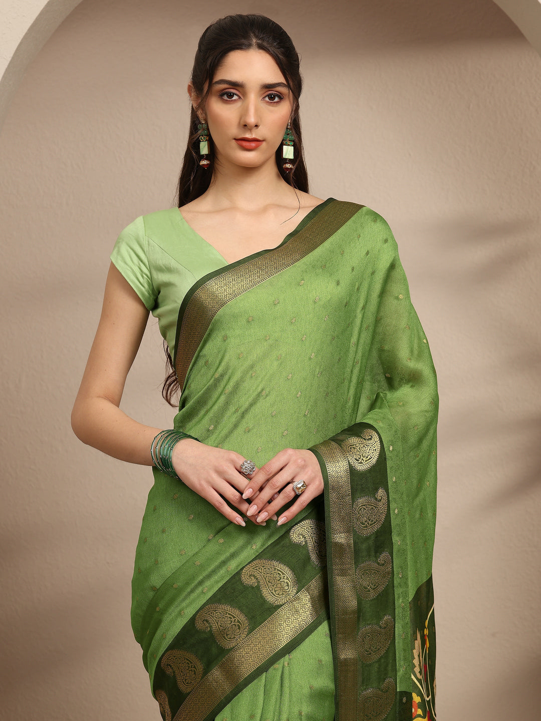  Green Paisley Woven Design Silk Blend Saree With Unstitched Blouse Piece 