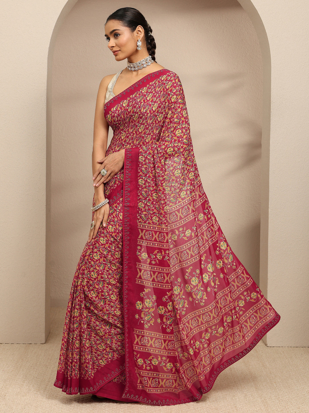  Red Floral Printed Silk Blend Saree With Unstitched Blouse Piece 