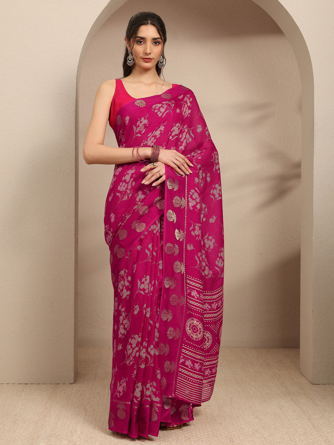  Pink Floral Printed Silk Blend Saree With Unstitched Blouse Piece 