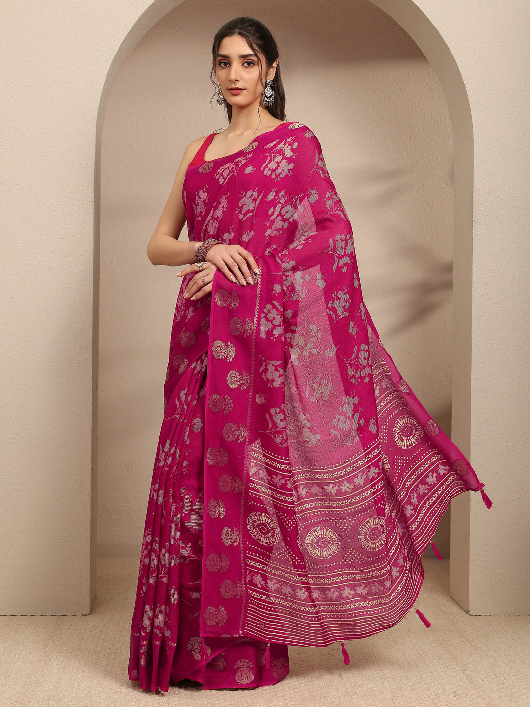  Pink Floral Printed Silk Blend Saree With Unstitched Blouse Piece 