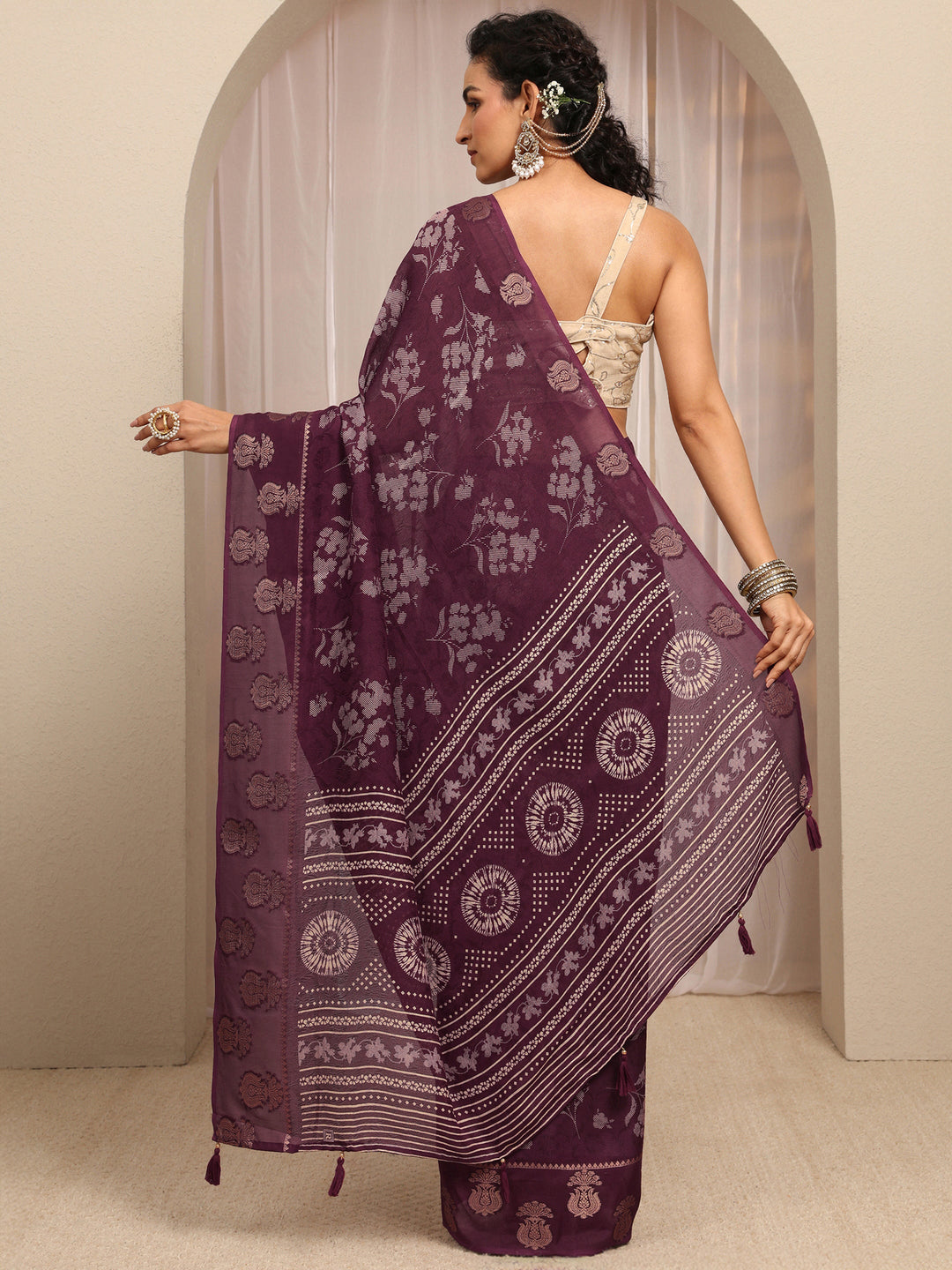  Maroon Floral Printed Silk Blend Saree With Unstitched Blouse Piece 