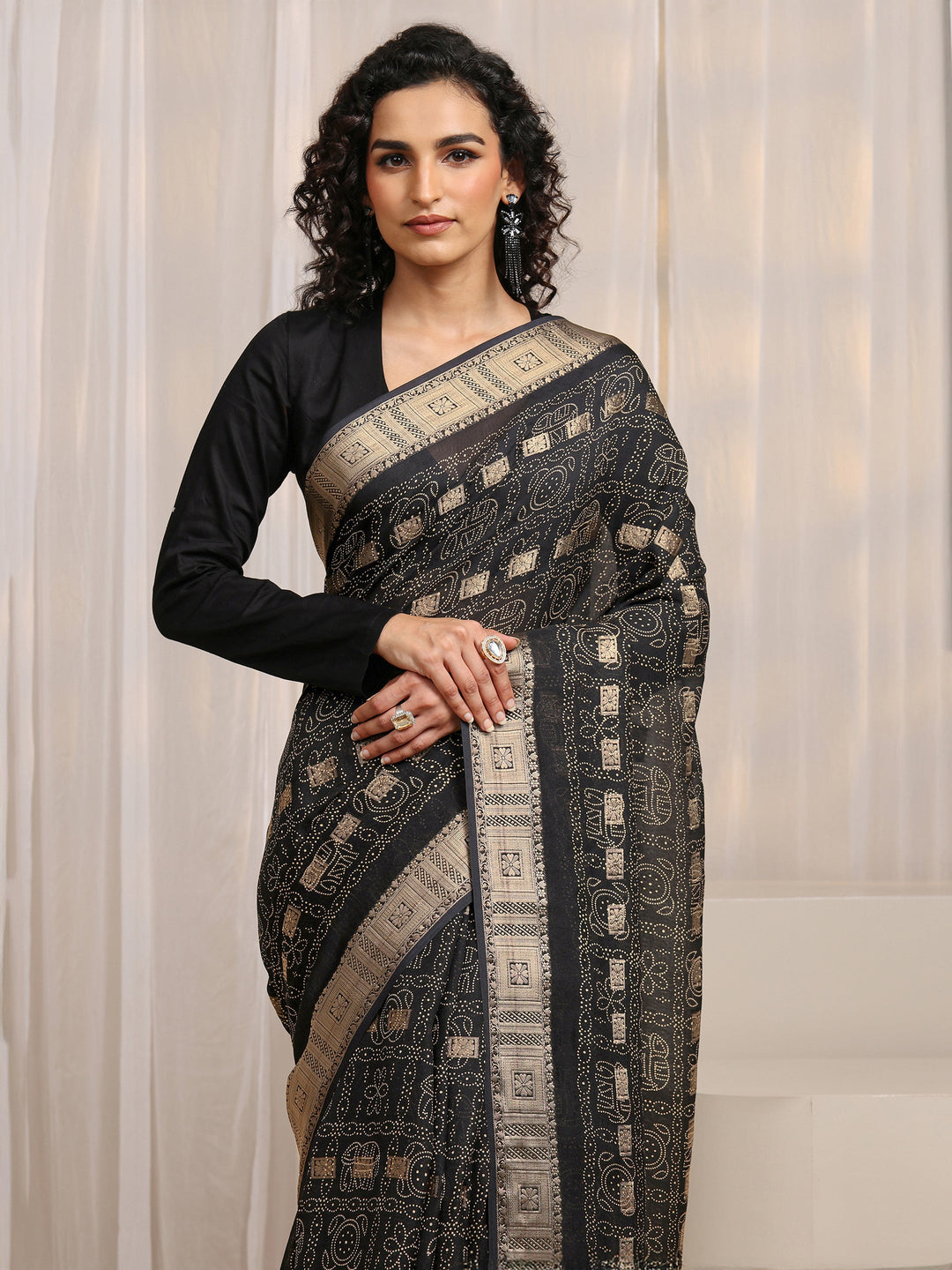  Black Bandhani Printed Silk Blend Saree 
With Unstitched Blouse Piece 