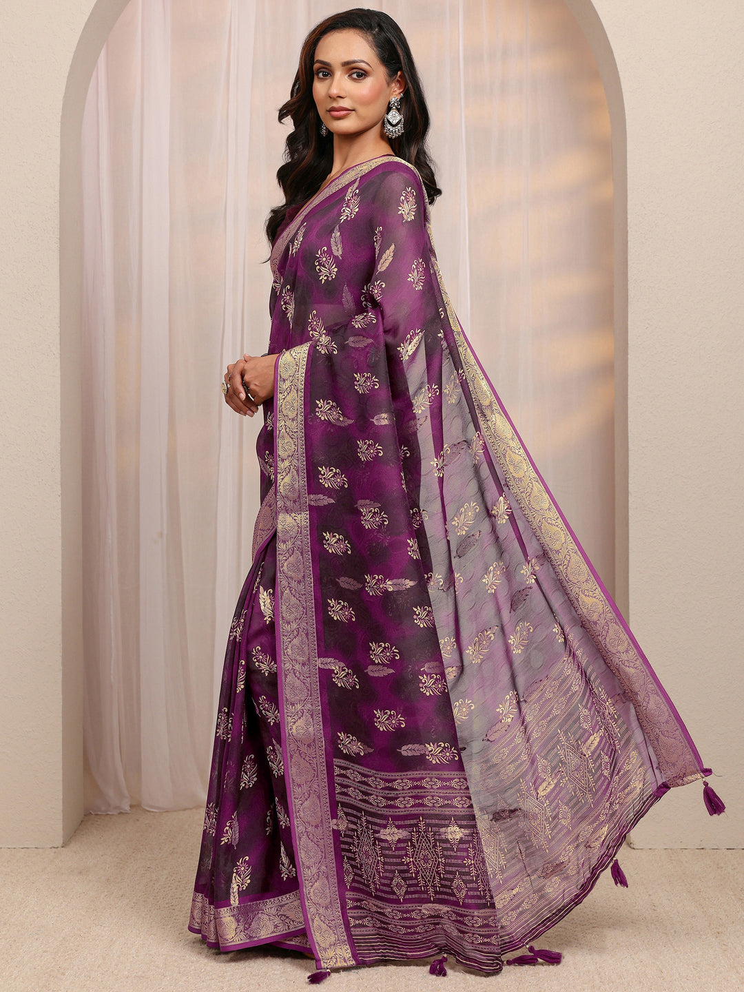  Wine Floral Printed Silk Blend Saree 
With Unstitched Blouse Piece 