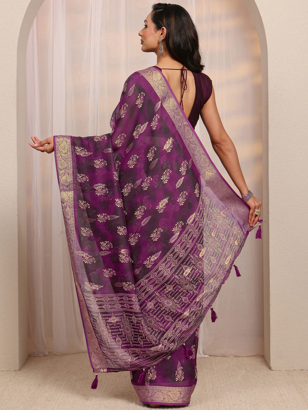  Wine Floral Printed Silk Blend Saree 
With Unstitched Blouse Piece 