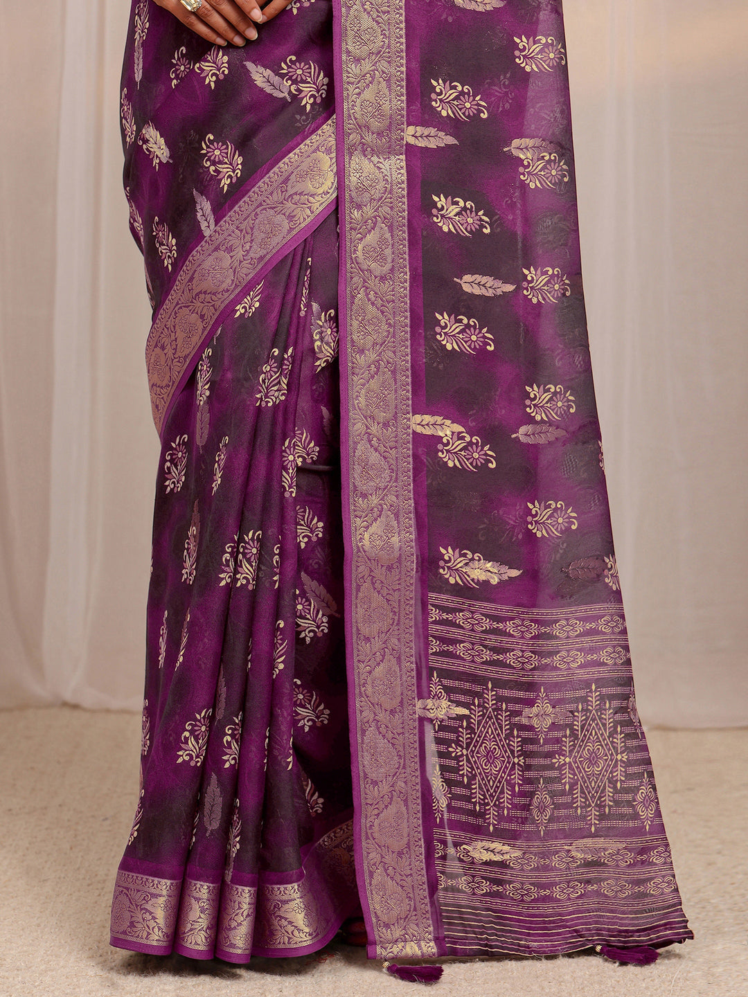  Wine Floral Printed Silk Blend Saree 
With Unstitched Blouse Piece 