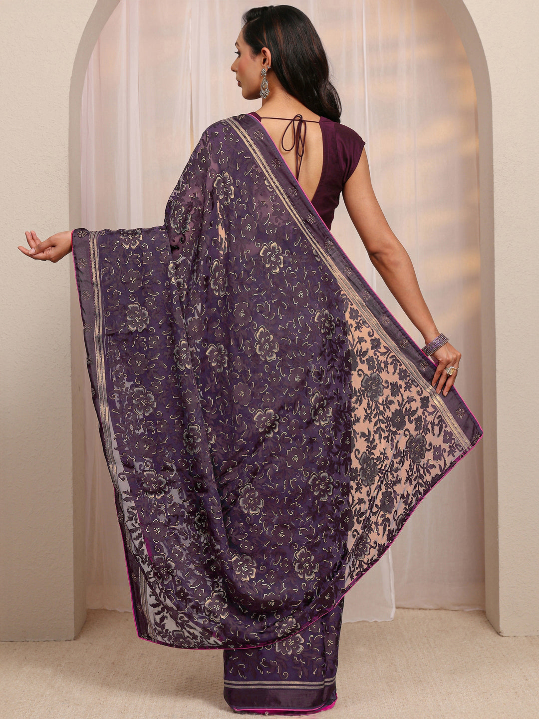  Burgundy Floral Printed Silk Blend Saree 
With Unstitched Blouse Piece 